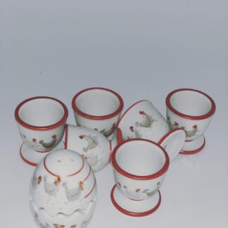 Set 6 portauova porta sale pepe con decorazione ‘Galline ballerine’.